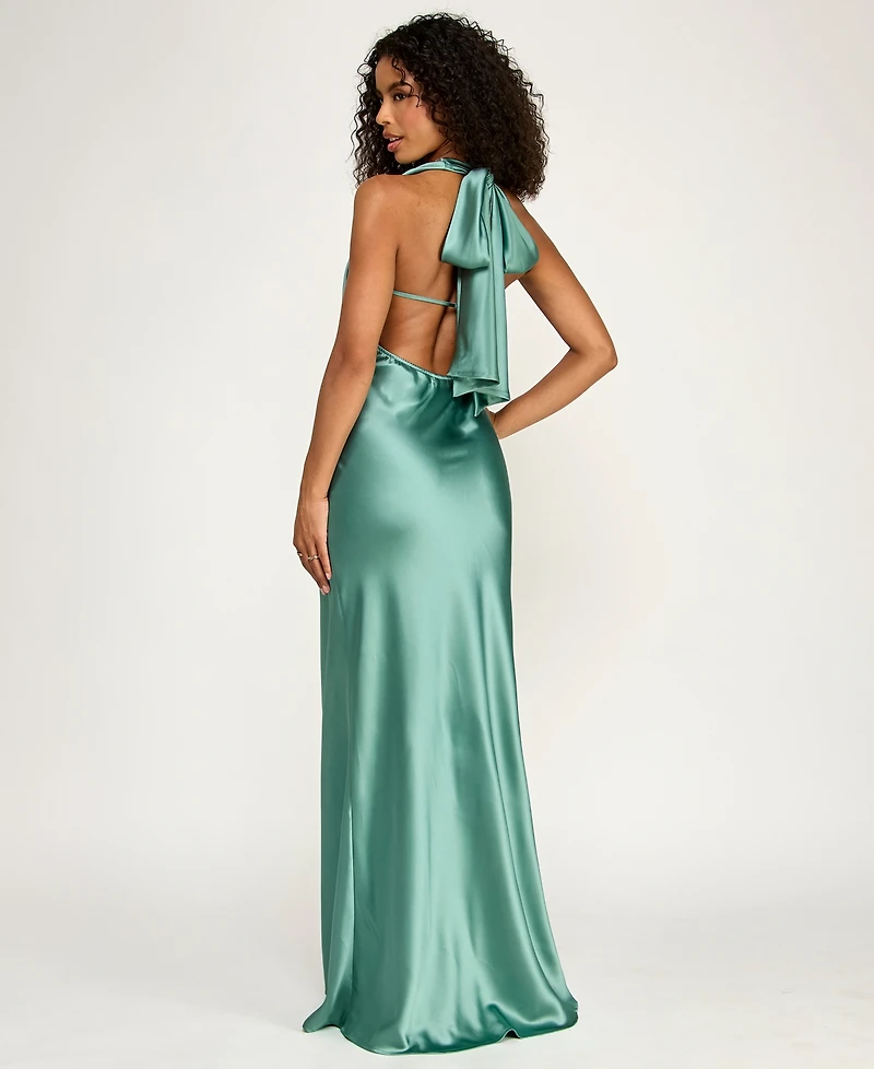 Katia Rae Juniors' Satin Cowl-Neck Halter Gown