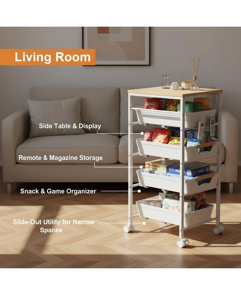 Yigii 5-Tier Slim Rolling Storage Cart Wooden Top Pull-Out Baskets Narrow Space Organizer for Kitchen Bathroom Laundry