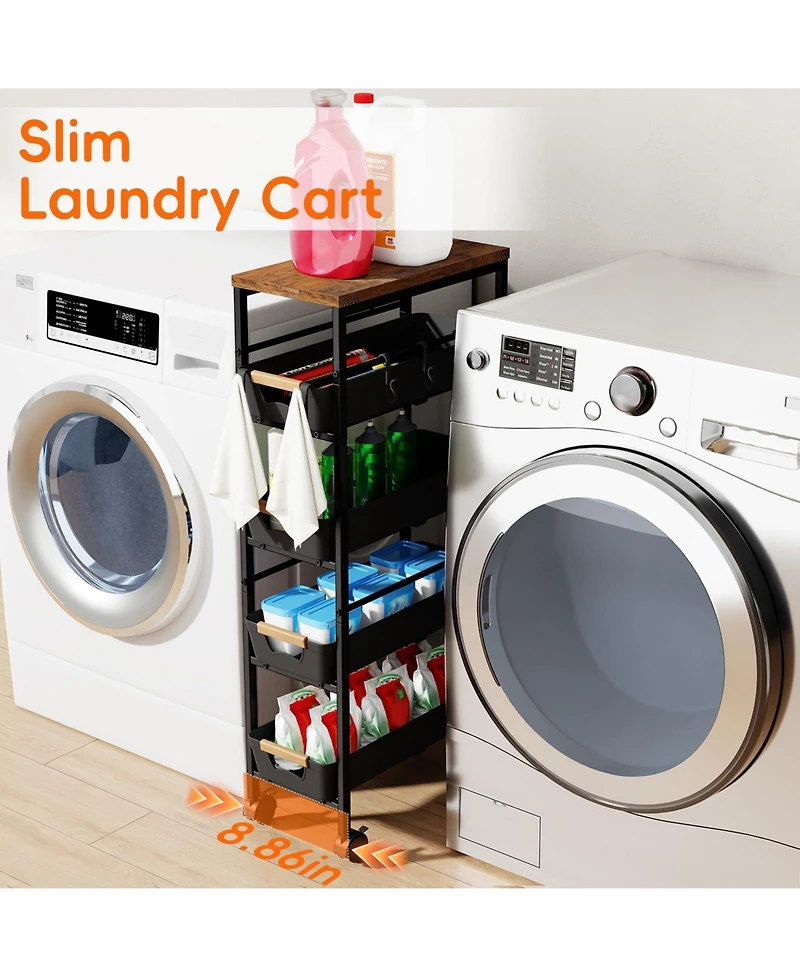 Yigii 5-Tier Slim Rolling Storage Cart Wooden Top Pull-Out Baskets Narrow Space Organizer for Kitchen Bathroom Laundry