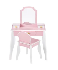 Best Choice Kids Wooden Pretend Play Vanity and Chair Set w/ Mirror - Little Girls Makeup Table with 3 Drawers