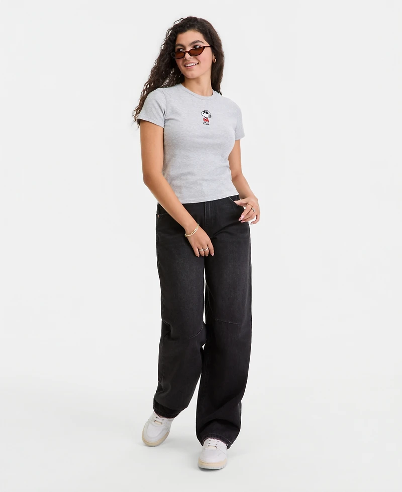 Snoopy Juniors' Embroidered Crewneck Baby Tee