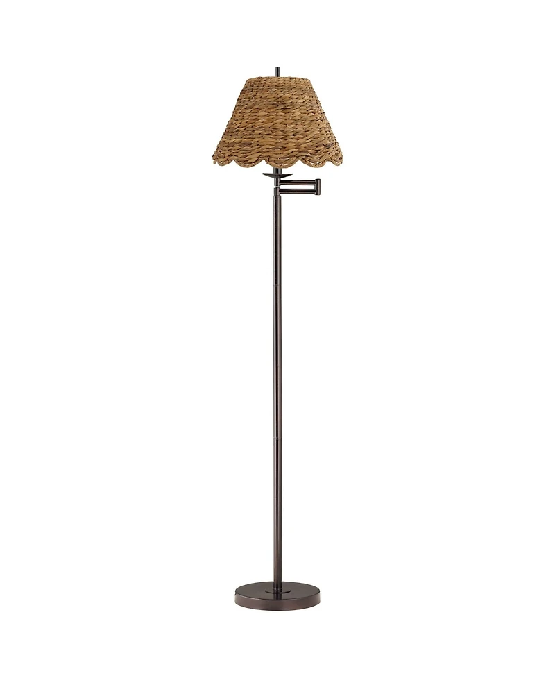 360 Lighting Modern 60" Tall Standing Floor Lamp Skinny Adjustable Swing Arm Metal Bronze Finish Water Grass Natural Rattan Shade