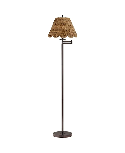 360 Lighting Modern 60" Tall Standing Floor Lamp Skinny Adjustable Swing Arm Metal Bronze Finish Water Grass Natural Rattan Shade