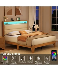 homfan Bed Frame with Led Headboard Shelf, Linen Upholstered Platform Full Strong Wood Slats Support, Easy Assembly
