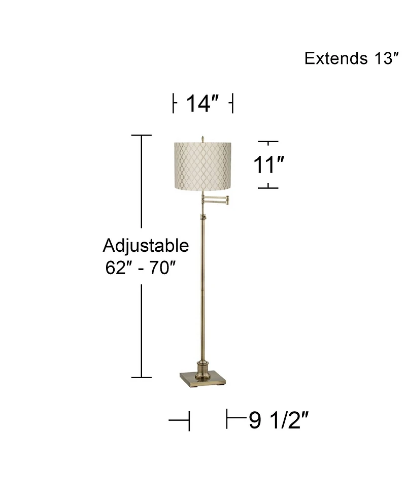 360 Lighting Swing Arm Floor Lamp Adjustable Height 70" Tall Antique Brass Off Embroidered Hourglass Fabric Drum Shade Living Room