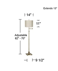 360 Lighting Swing Arm Floor Lamp Adjustable Height 70" Tall Antique Brass Off Embroidered Hourglass Fabric Drum Shade Living Room