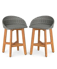 Gouun Acacia Wood and Rattan Outdoor Bar Chairs Set of 2 with Ergonomic Backrests