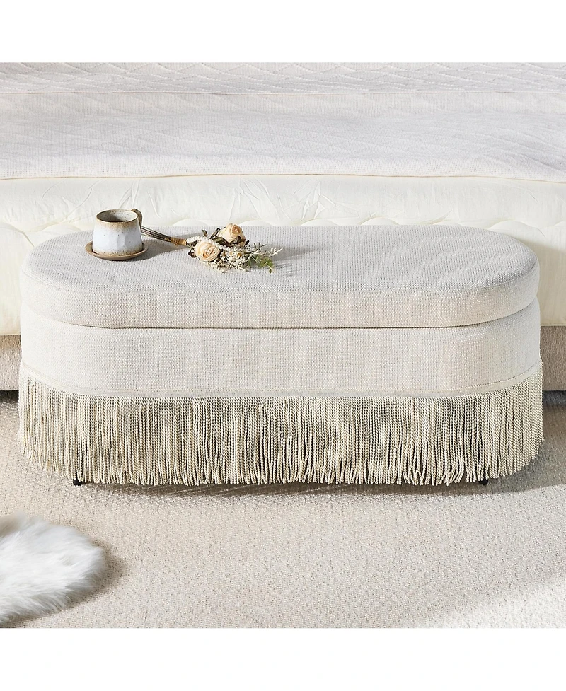 Rainsken Oval Storage Ottoman, Upholstered Footrest with Fringe Trim, Hidden Storage and Metal Frame for Living Room