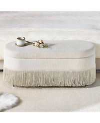 Rainsken Oval Storage Ottoman, Upholstered Footrest with Fringe Trim, Hidden Storage and Metal Frame for Living Room