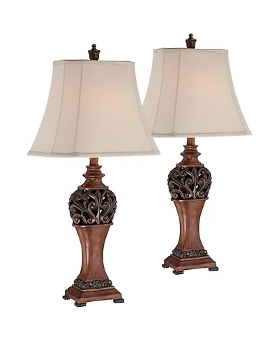 Regency Hill Exeter 30 Tall Large Traditional End Table Lamps Set of 2 WiFi Smart Socket Wood-Tone Finish Living Room Bedroom