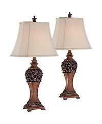 Regency Hill Exeter 30 Tall Large Traditional End Table Lamps Set of 2 WiFi Smart Socket Wood-Tone Finish Living Room Bedroom