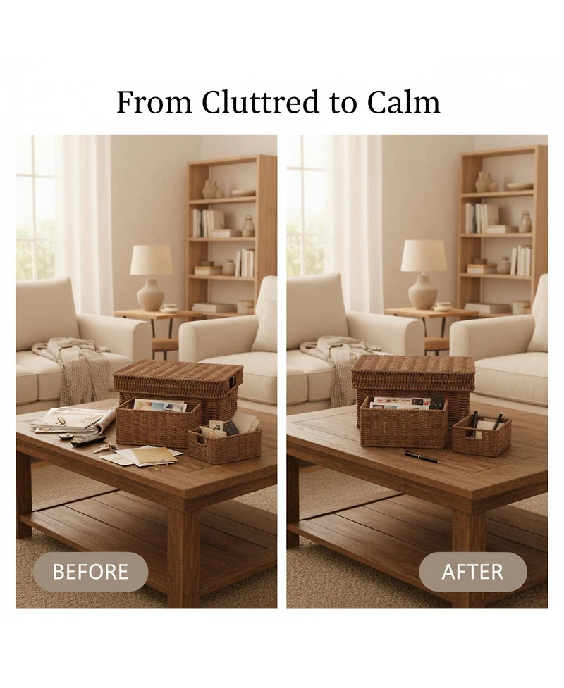 Yigii Wicker Storage Baskets With Lids 3-Piece Set Premium Plastic Rattan Handcrafted Organizing Bins for Home Decor