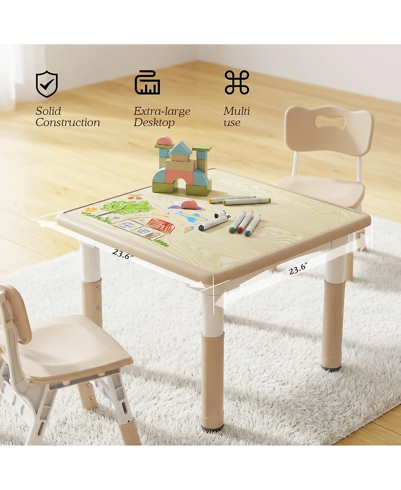 Kinder King Kids Height-Adjustable Table and 2 Chairs Set with 31.5''W Easy-Clean Top