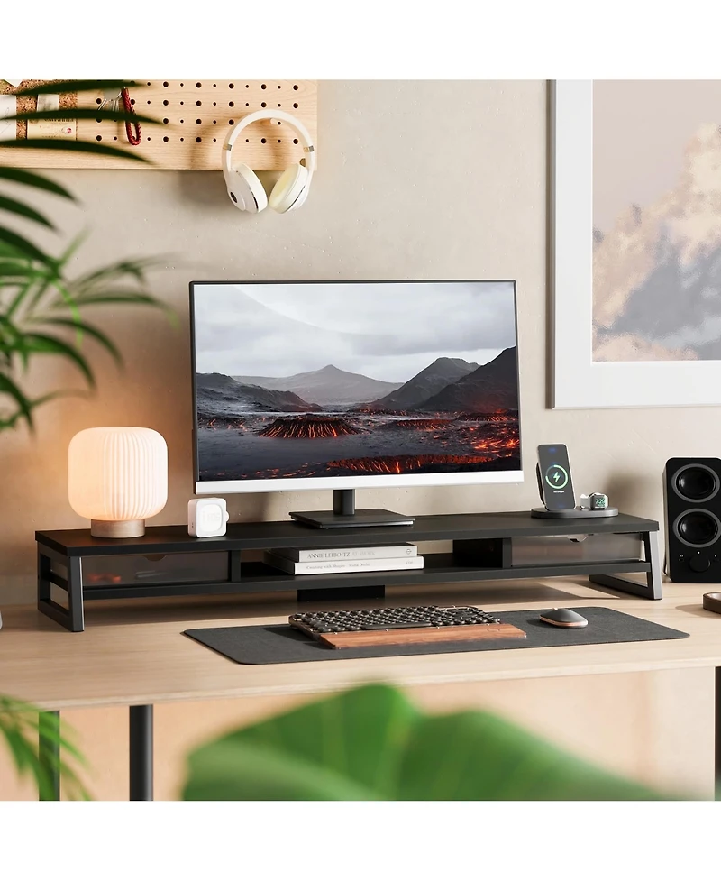 Gnuadz Monitor Stand Riser Drawer 2 Tier Wooden Desk Shelf