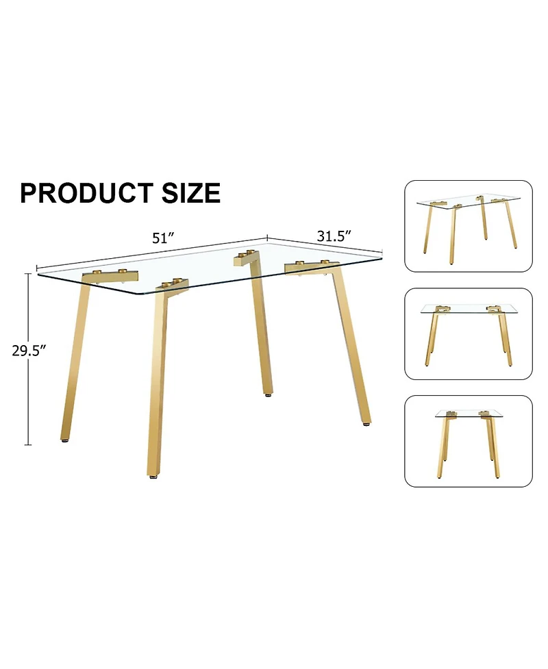 Streamdale Furniture Modern minimalist rectangular glass dining table with golden metal legs.