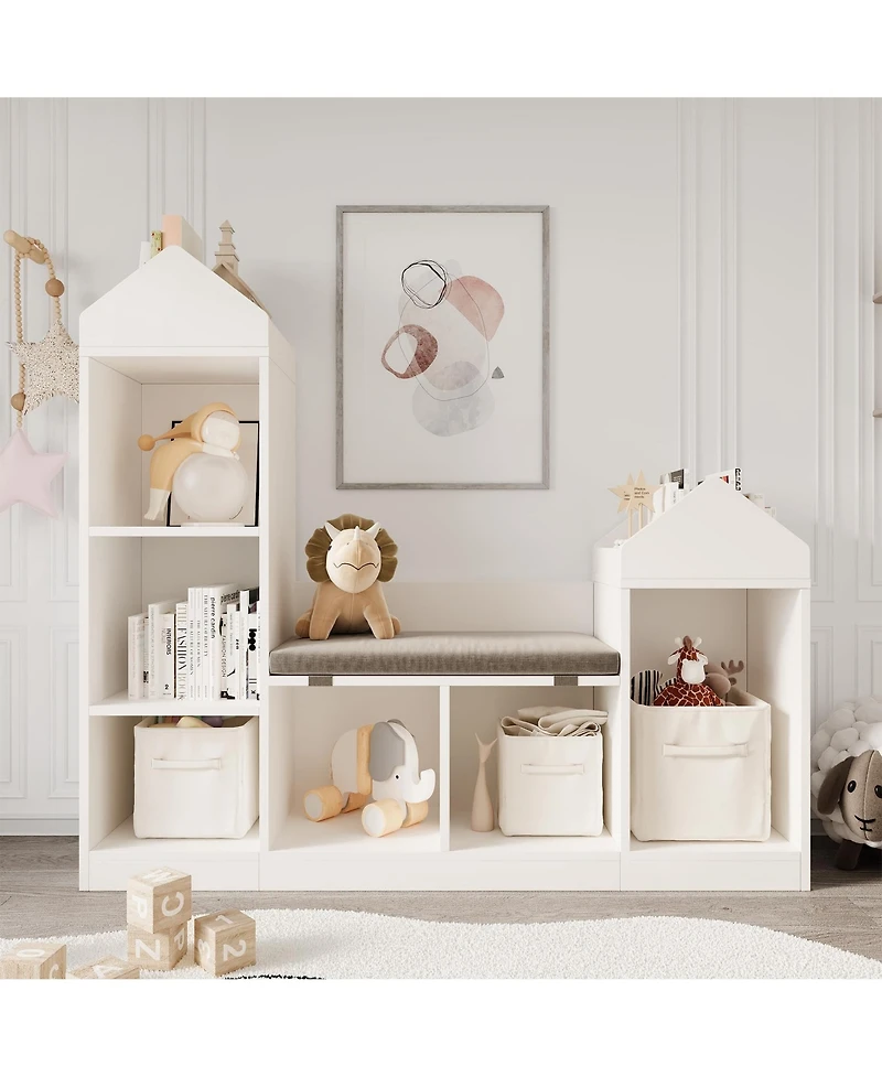 gaomon Kids Bookshelf with Reading Nook, 6-Cubby Toy Storage Organizer with Seat Cushion, 47.75" Wide Children Bookcase