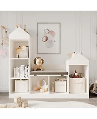 gaomon Kids Bookshelf with Reading Nook, 6-Cubby Toy Storage Organizer with Seat Cushion, 47.75" Wide Children Bookcase