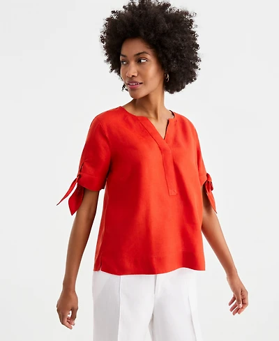 Charter Club Women's 100% Linen Split-Neck Tie-Cuff Top, Created for Macy's