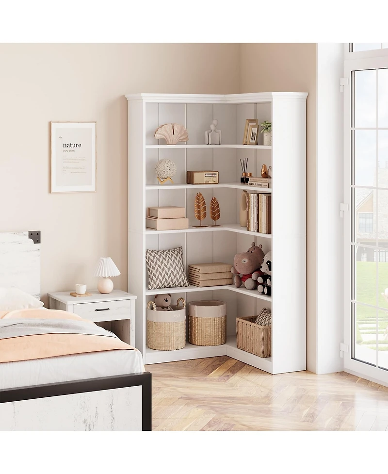 gaomon 72.8" Tall 5-Tier L-Shaped Wooden Corner Bookshelf with Open Storage