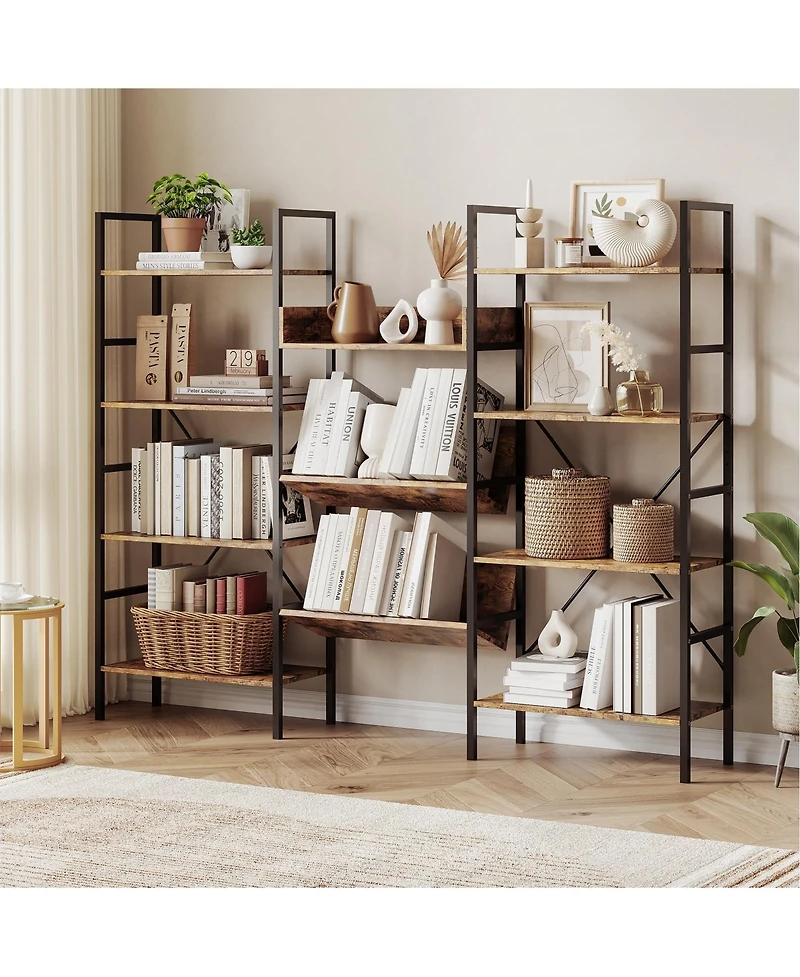gaomon Triple Wide 4-Tier Industrial Bookshelf with 11 Open Display Shelves, Metal Frame