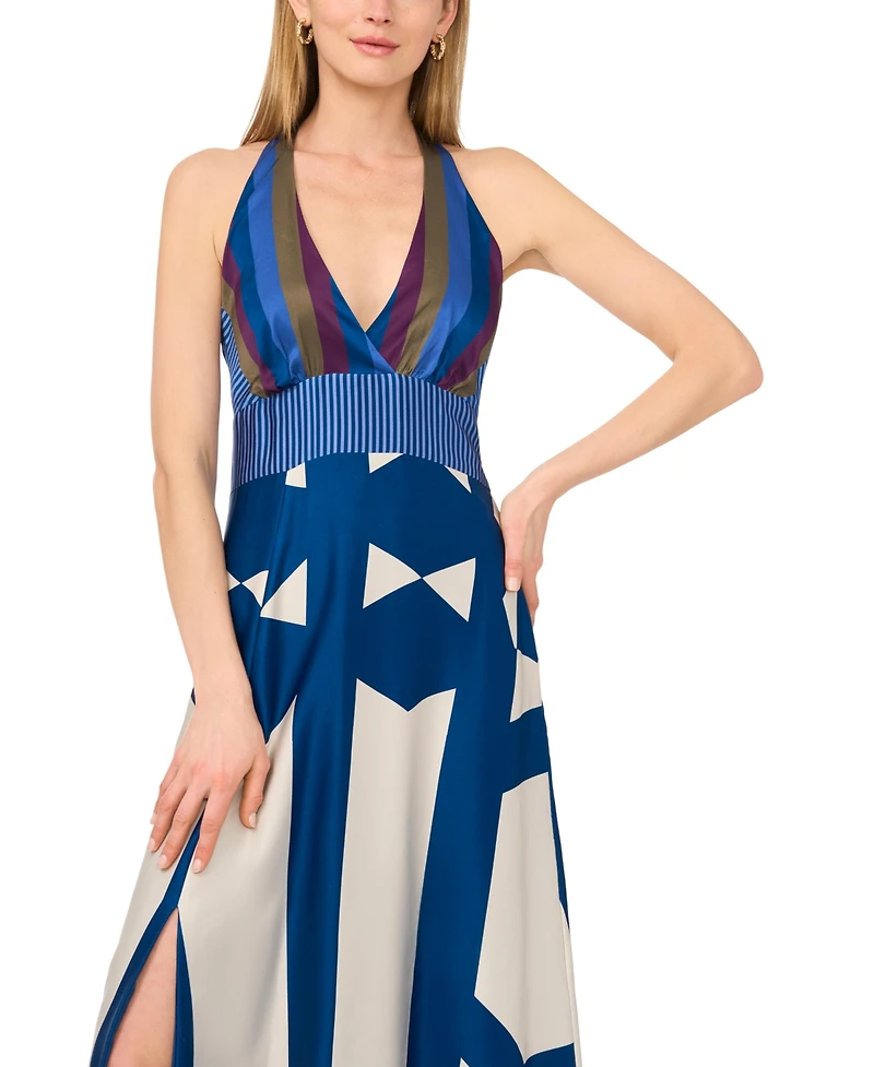 Vince Camuto Women's Mixed-Print V-Neck Maxi Halter Dress