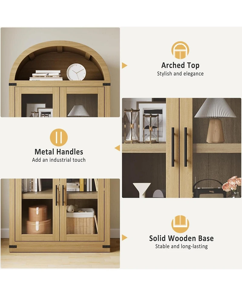 gaomon 71" Arched Farmhouse Bookshelf with Glass Doors and Drawers, Display Cabinet with Metal Corners, Oak