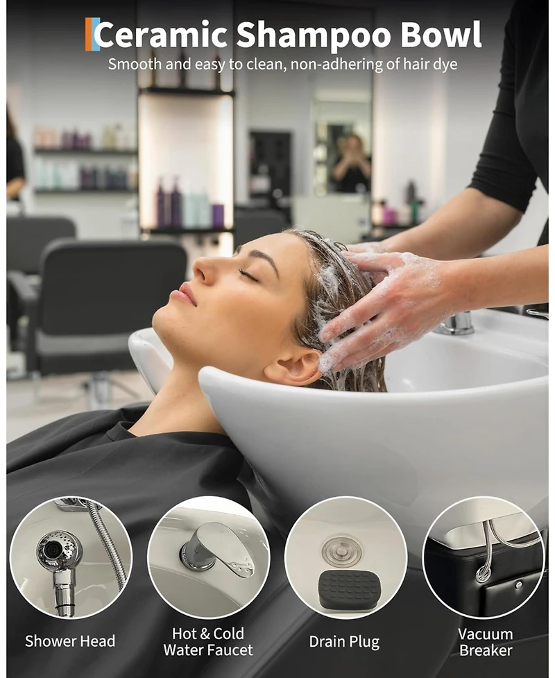 gaomon Shampoo Bowl and Chair Set,Backwash Hair Washing Station with Ceramic Shampoo Bowl Sink and Footrest,Load Weight 450 Lbs,for Barbershop.