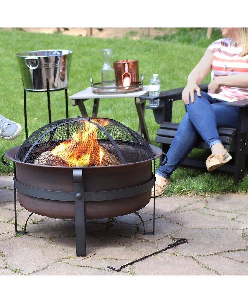 Outdoor Camping or Backyard Large Round Cauldron Fire Pit Bowl with Log Poker and Spark Screen - 29"