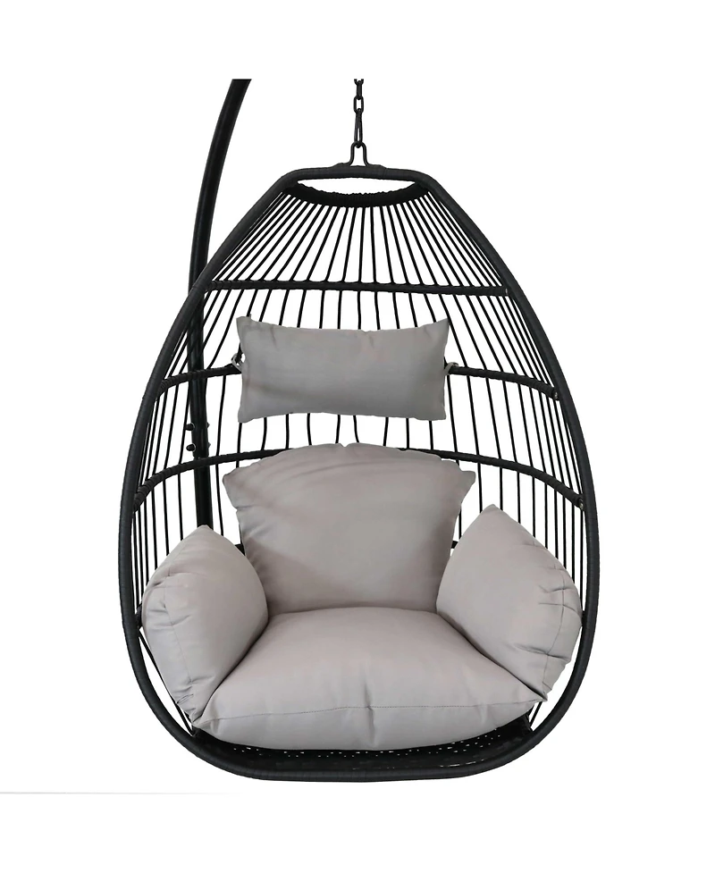 Outdoor Resin Wicker Patio Delaney Hanging Basket Egg Chair with Cushions, Headrest, and Steel Stand Set - Gray - 3pc