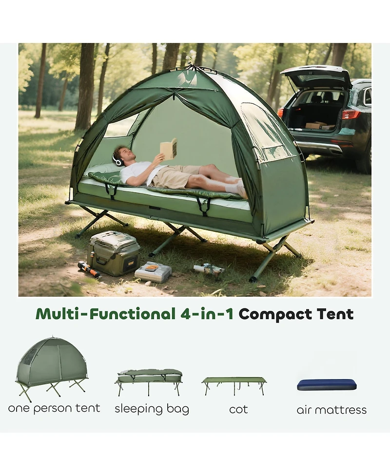 Outsunny Multifunctional Folding Camping Cots for Adults, Elevated Tent with Sleeping Bag, Thick Air Mattress Pad, Portable Single Sleeping Cot Campin