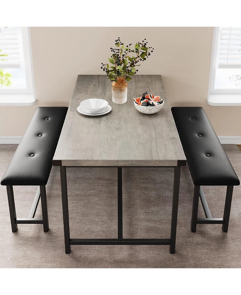 gaomon 3Pcs Dining Table Set, Kitchen Table and Benches for 4, Rectangular Dining Room Table Set with 2 Upholstered Benches, Dining Table Set