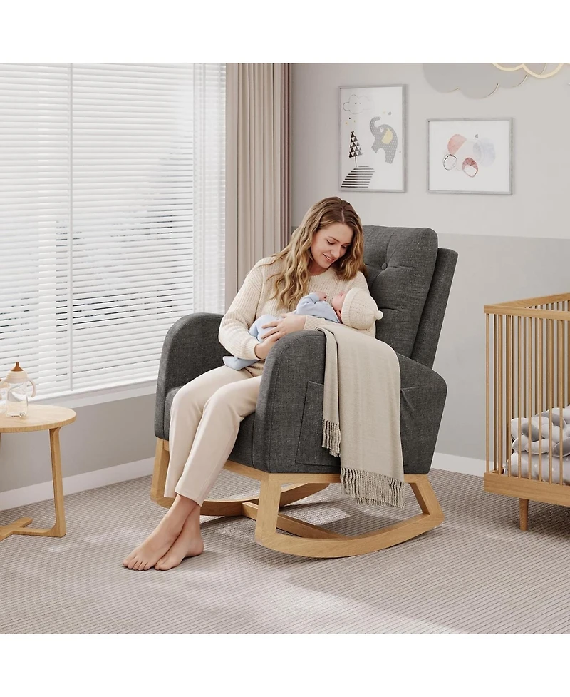 gaomon Nursery Rocking Chair,Linen Fabric Upholstery,Sturdy Wooden Legs and High Backrest,Comfortable Glider Rocking Chair for Living Room