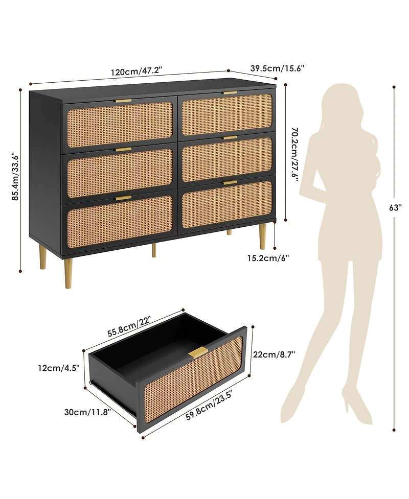 gaomon Rattan 6 Drawer Dressers for Bedroom, Large Double Dresser with Deep Drawers
