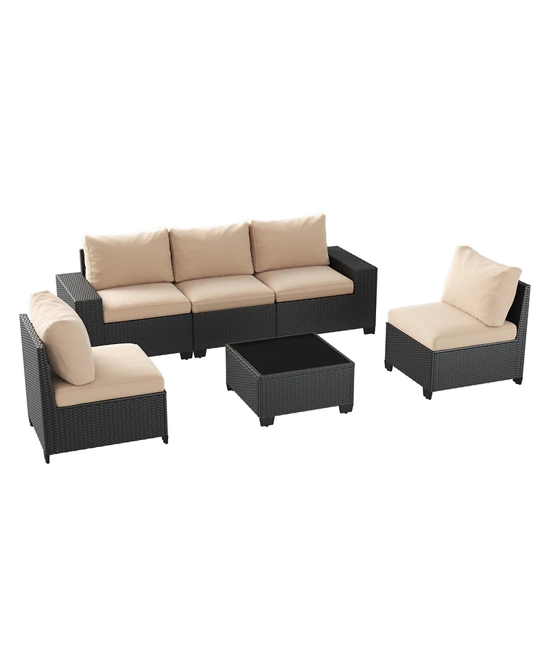Aoxun 6-Piece Wicker Outdoor Sectional Sofa Set with Cushions and Glass-Top Coffee Table