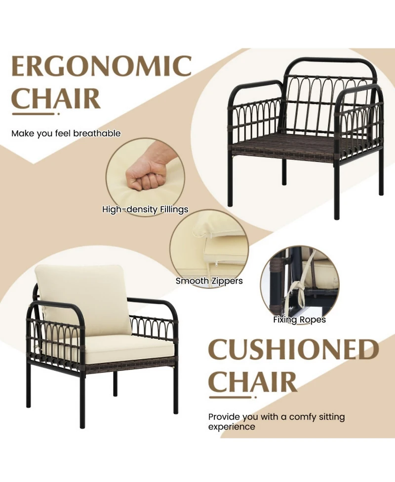 Clihome 3 Pieces Patio Wicker Conversation Set with Cushions and Tempered Glass Coffee Table