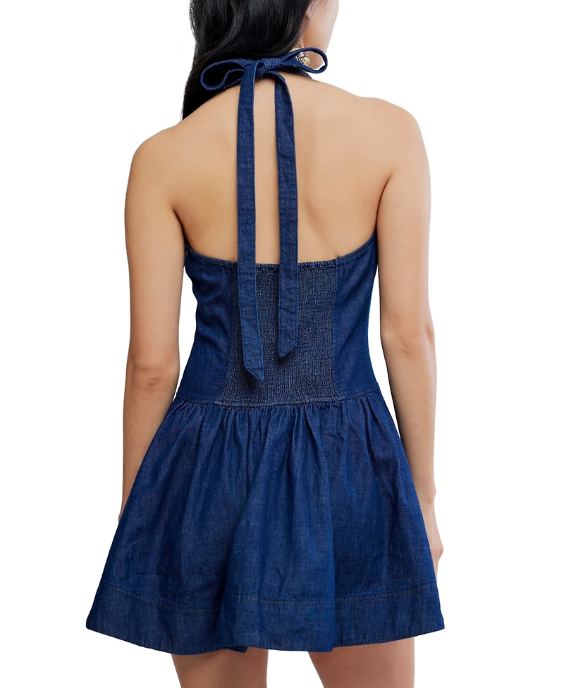 Free People Women's Clean Break V-Neck Denim Cotton Mini Dress