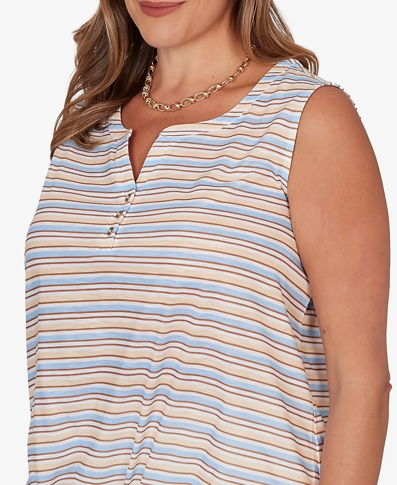 Hearts Of Palm Plus Striped Slub Sleeveless Henley Tie Front Top