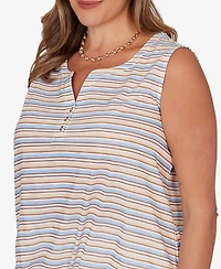 Hearts Of Palm Plus Striped Slub Sleeveless Henley Tie Front Top