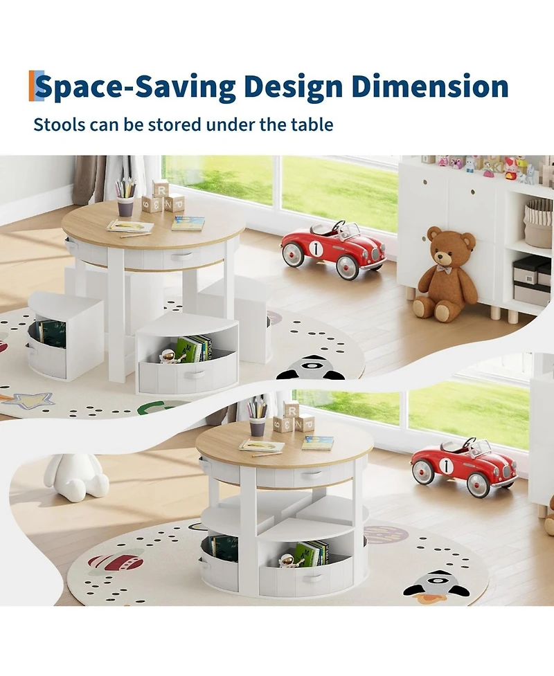 gaomon Kids Table and Chair Set, 5 Pieces Wooden Round Nesting Design Children Multi-Activity Table With 4 Storage Stools and 4 Fabric Drawers
