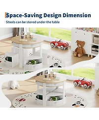 gaomon Kids Table and Chair Set, 5 Pieces Wooden Round Nesting Design Children Multi-Activity Table With 4 Storage Stools and 4 Fabric Drawers