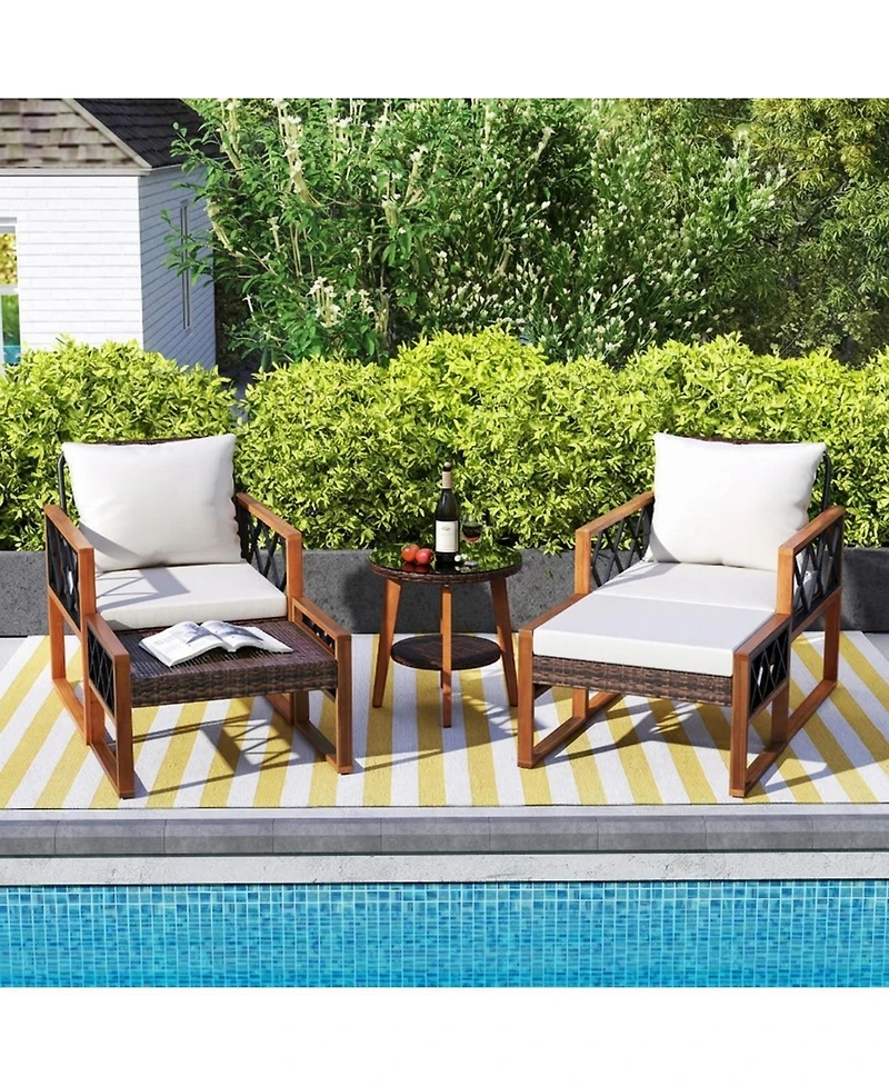 Gouun 5-Piece Pe Rattan Conversation Set with Acacia Wood Table and Ottomans