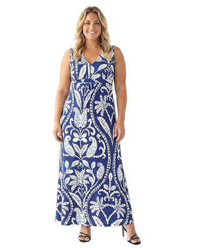 24seven Comfort Apparel Plus Essential Curvy Paisley Print Maxi Dress