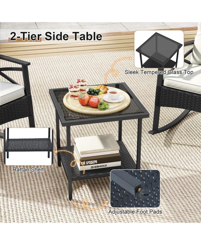 Gouun 3-Piece Rattan Rocking Chair Set with Tiered Side Table