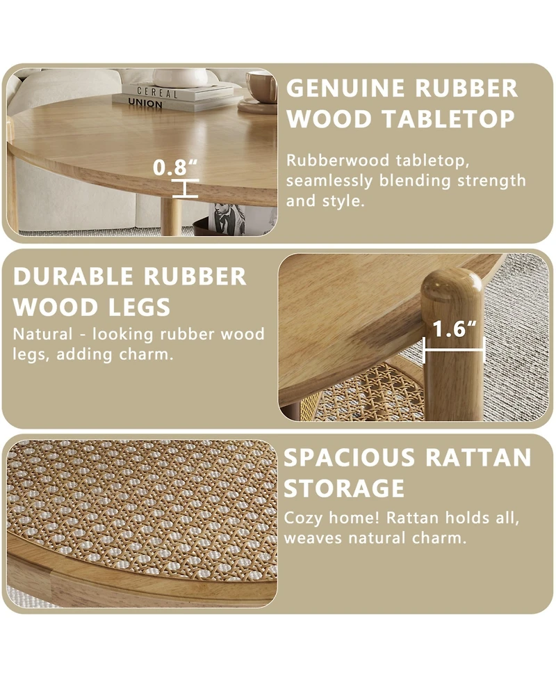 Rainsken 32" Round Rustic Wood Coffee Table Featuring Boho Woven Rattan Lower Shelf for Living Room Storage