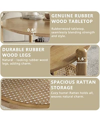 Rainsken 32" Round Rustic Wood Coffee Table Featuring Boho Woven Rattan Lower Shelf for Living Room Storage