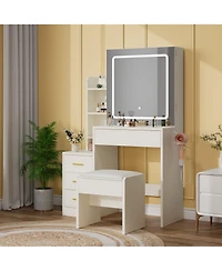 Homfan Sliding Mirror Vanity Set with 3-Level Adjustable Lighting, Stool, Power Outlet, Hairdryer Holder, and Storage Cabinet