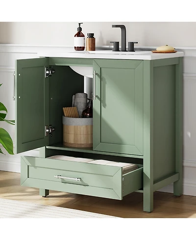 homfan Bathroom Vanity with Ceramic Sink, Storage Cabinet Drawer and 2 Soft Closing Doors, Single Sink Integral Top