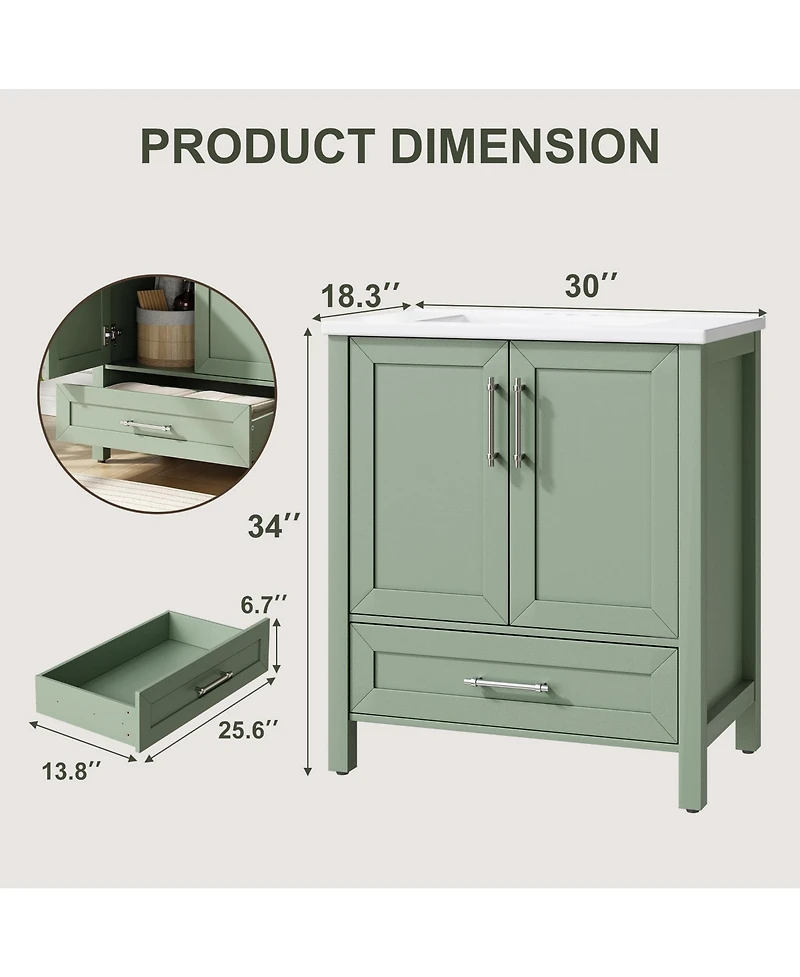 homfan Bathroom Vanity with Ceramic Sink, Storage Cabinet Drawer and 2 Soft Closing Doors, Single Sink Integral Top