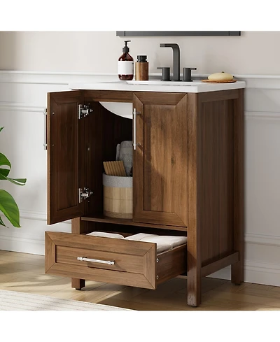 homfan Bathroom Vanity with Ceramic Sink, Storage Cabinet Drawer and 2 Soft Closing Doors, Single Sink Integral Top