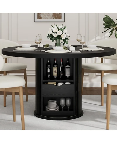 gaomon Round Dining Table, Kitchen Table with 3-Layer Storage Shelf and a Drawer, Farmhouse Dinner Table